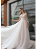 Beaded Cap Sleeves Ivory Lace Tulle Wedding Dress